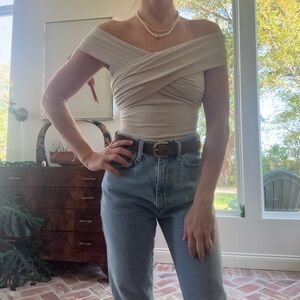 OGL Neutral Cream Cross-Front Off-Shoulder Top with full shelf bra